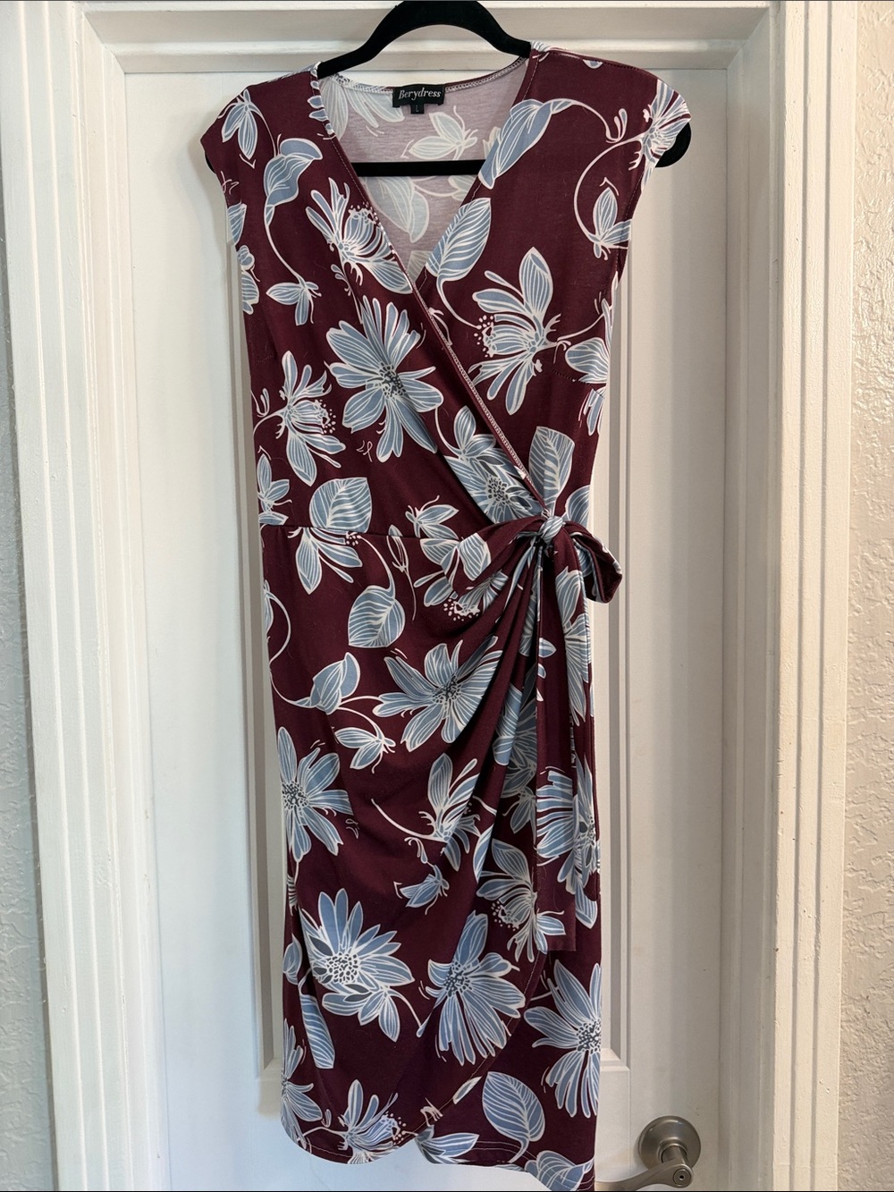 Burgundy Floral Wrap Dress with Light Blue Flowers